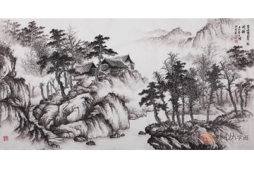 吴大恺四尺横幅山水画作品《石上泉声林间韵》