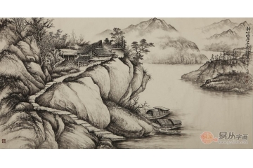 吴大恺六尺横幅山水画作品《静心幽居在水一方》