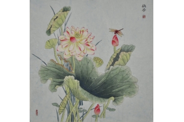 仇谷四尺斗方工笔花鸟画《工笔系列之二荷花》