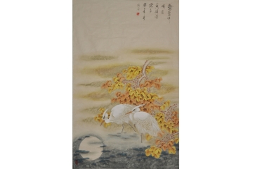 仇谷三尺竖幅白鹭系列画《鹭鸶伴明月》