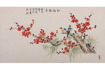 路向前三尺橫幅花鳥畫作品喜鵲《紅梅報春》
