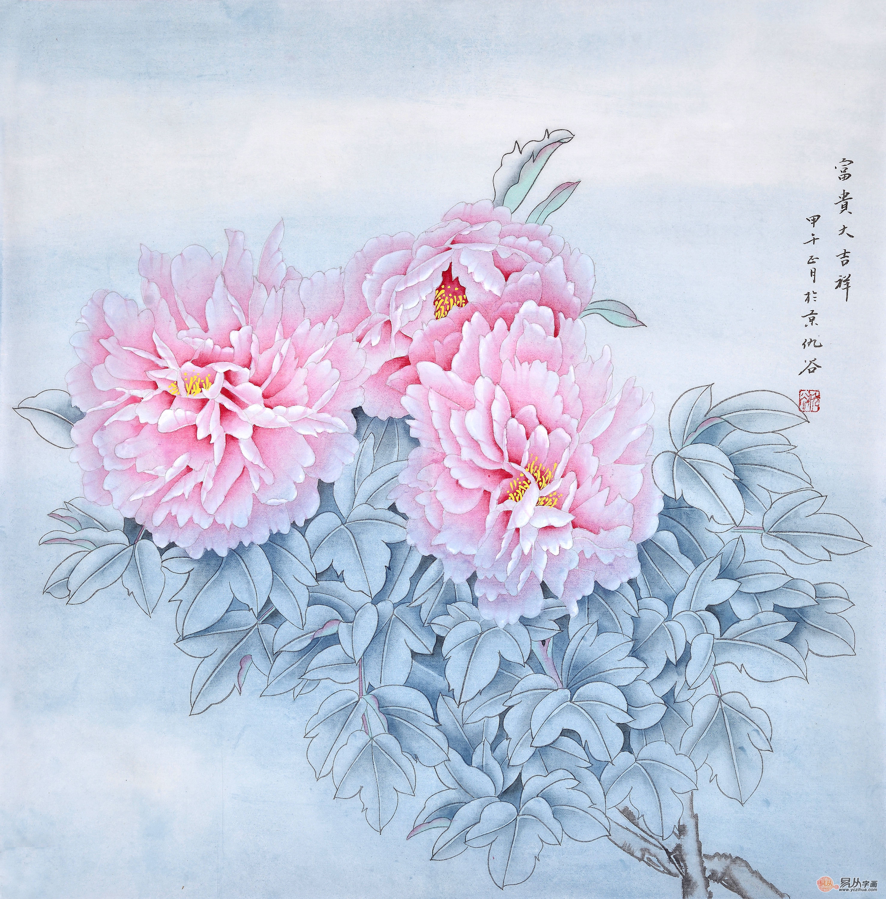 仇谷《富贵大吉祥》,四尺斗方花鸟画,国画牡丹-【易从网】