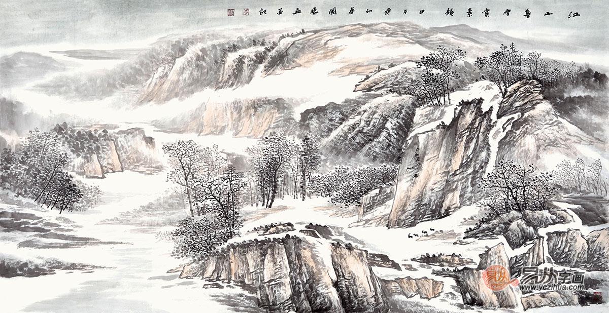 李国胜四尺横幅山水画《江山暮雪赏素韵》