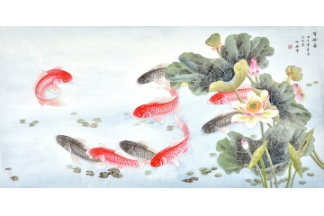 国画九鱼图 仇谷工笔花鸟画荷花鲤鱼《有余图》
