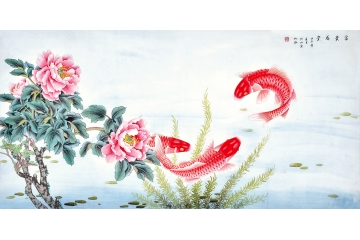 仇谷四尺横幅花鸟画鲤鱼牡丹《富贵满堂》