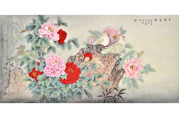 仇谷四尺橫幅花鳥畫竹子牡丹鴿子《吉祥富貴》