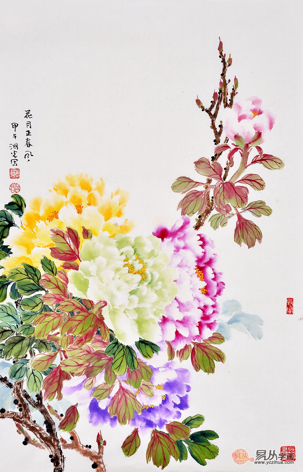 郑鸿光四尺三开竖幅花鸟画牡丹图《花月正春风》