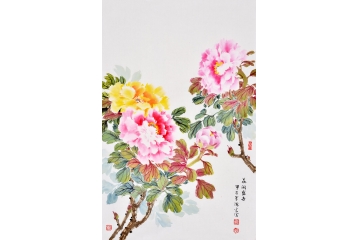 郑鸿光四尺三开竖幅花鸟画牡丹图花开盛世