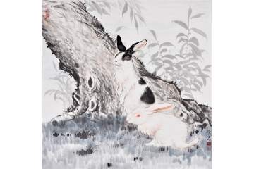 富飞四尺斗方动物画作品十二生肖系列兔子《双兔》