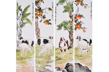 卧室经典挂画 国画家王文强动物画四条屏系列《喜气洋洋》