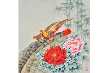 富贵平安图 仇谷工笔画牡丹竹子锦鸡《锦上富贵》