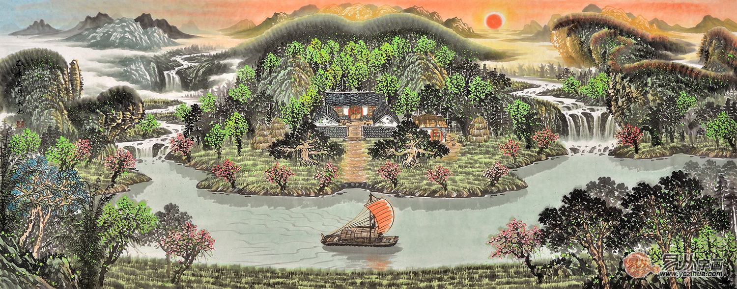 聚宝盆山水画 易天也写意山水画作品《灵山秀水》