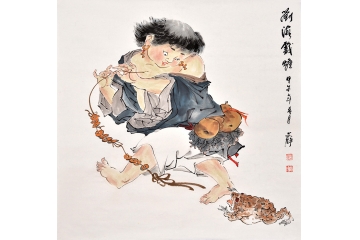 仿古人物画欣赏 何文铮写意国画作品《刘海戏蟾》