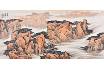 林德坤写意国画作品 六尺横幅山水画《云腾万壑》