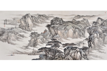 林德坤國畫創作六尺橫幅寫意山水畫《云壑萬里》