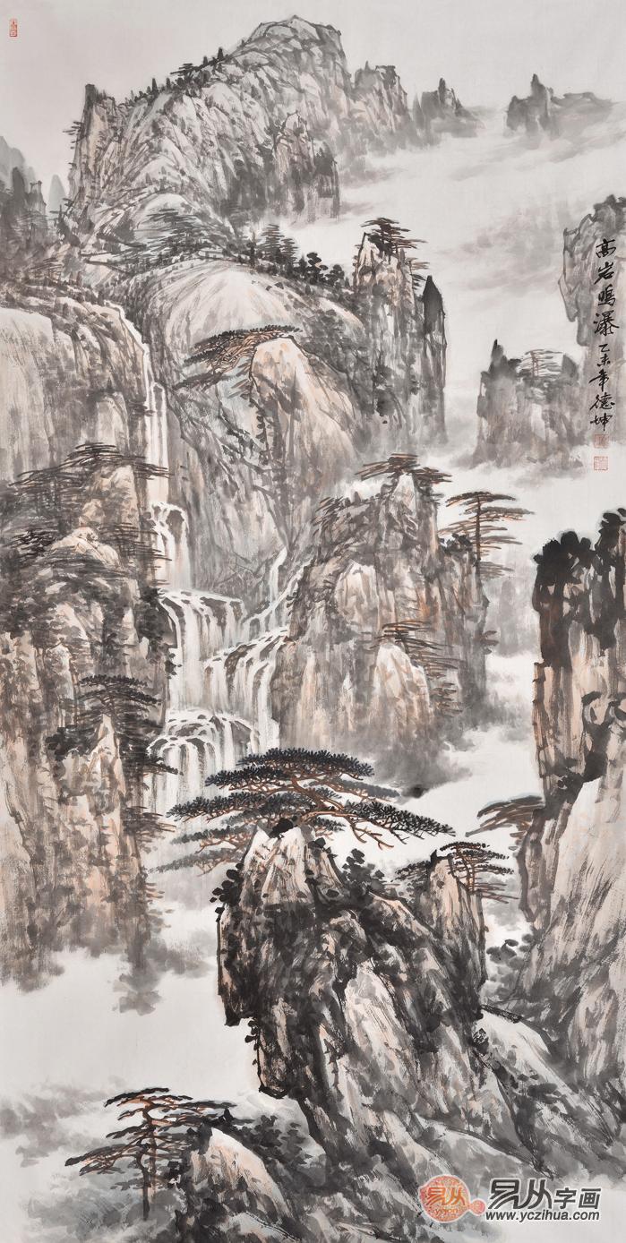 玄关挂画 林德坤写意山水画作品《高岩鸣瀑》