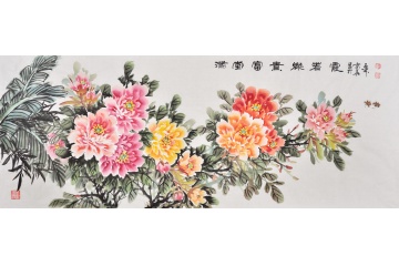 富贵牡丹图 石开六尺横幅写意花鸟画《满堂富贵灿若霞》