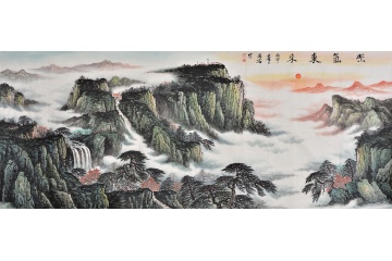雨石最新泰山日出国画作品《紫气东来》