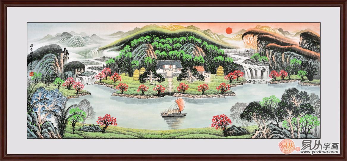 沙发后墙装饰画客厅画挂什么好     每幅画都有山有水,寓意"旺丁旺财"