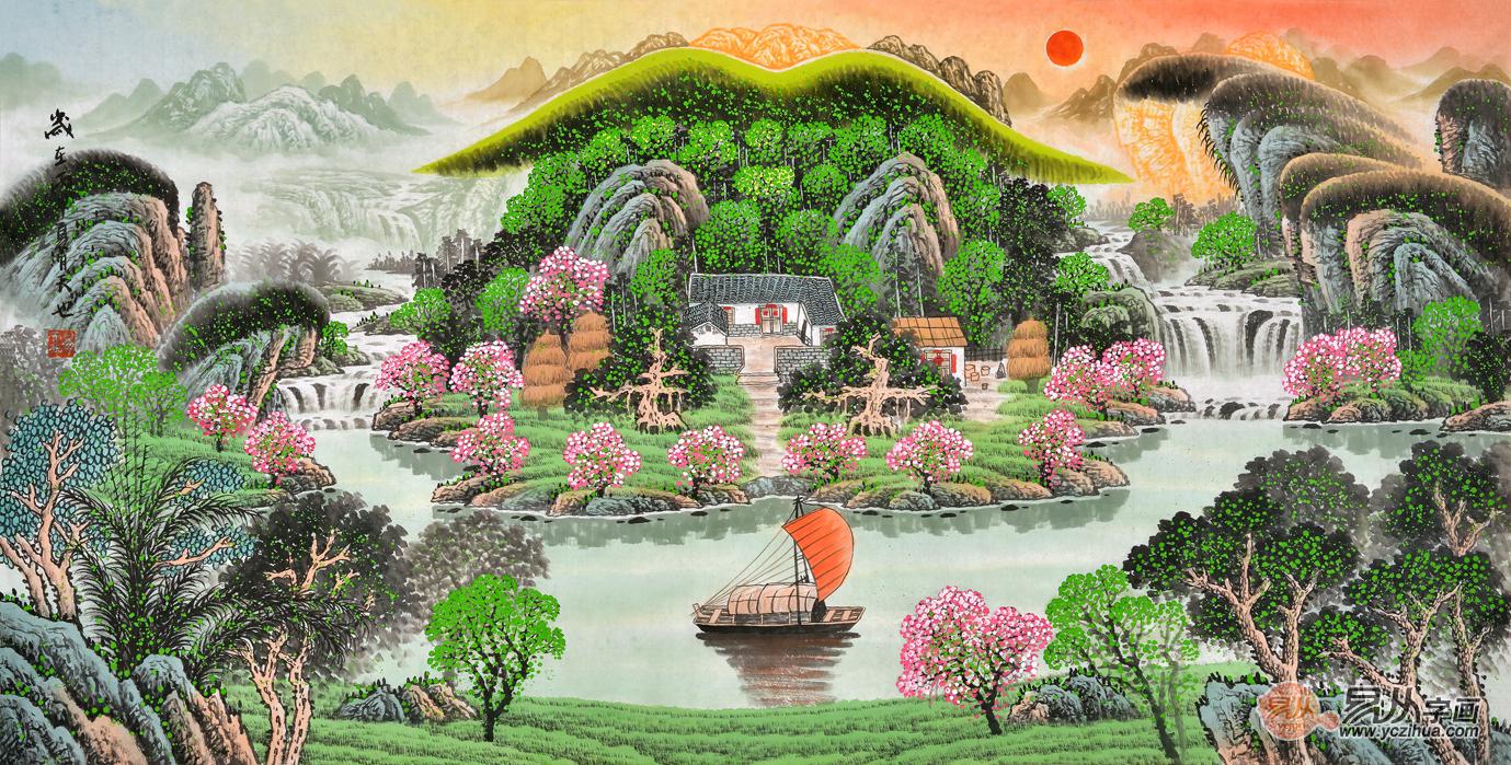 元宝山聚宝盆 易天也山水画作品《五谷丰登》