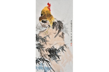 工筆生肖圖 王文強四尺豎幅動物畫 雞《竹報平安大吉大利》