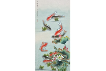 國畫九魚圖 仇谷四尺豎幅精品荷花鯉魚圖《九如圖》