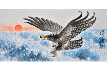 办公室挂画 易水三尺横幅写意动物画 国画鹰《雄鹰展翅》