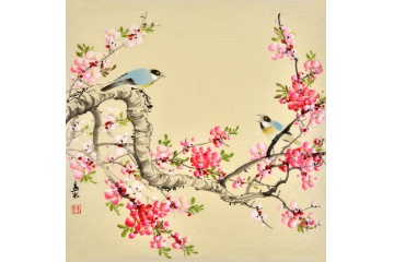 易水四尺斗方花鸟画喜鹊桃花《欢歌图》