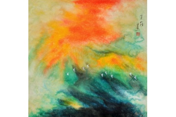 玉简印象派花鸟画作品《天空中的鹤》