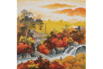 風景壁畫客廳/餐廳 王寧斗方山水畫作品《秋色人家》
