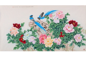 王一容六尺横幅牡丹绶带鸟《满堂富贵》