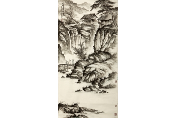 吴大恺四尺竖幅山水画作品《苍松古寨晚秋风》