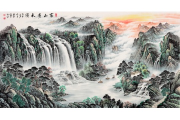 蒋伟国画六尺横幅聚宝盆山水画作品《富山贵水图》