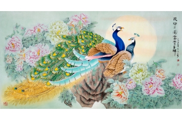 国画名家王一容孔雀牡丹图《花好月圆 富贵呈祥》