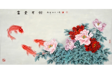 国画名家王一容精品牡丹鲤鱼图《富贵有余》
