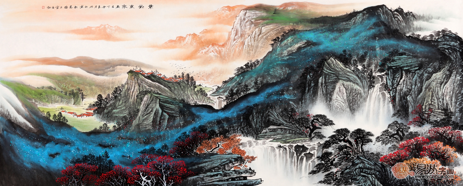 王宁八尺横幅泼墨重彩山水画作品《紫气东来》