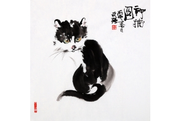 写意国画猫 王文强斗方动物画《神捕图》