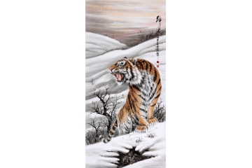 步步高升 国画名家王建辉六尺竖幅工笔动物画老虎图系列《神威》