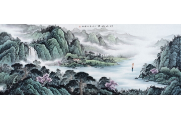 王宁国画六尺横幅青绿聚宝盆山水画作品《江山如画》