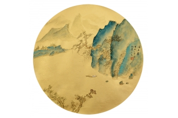 小品装饰壁画 袁弘量圆形国画山水作品《游赤壁》