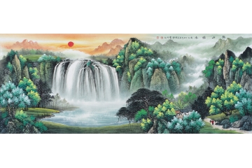 刘燕姣青绿风水画聚宝盆作品《福山绣水》