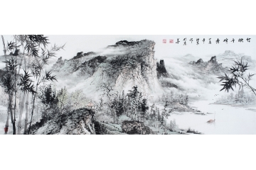 当代画家刘海青山水画竹石图《竹映千峰秀》