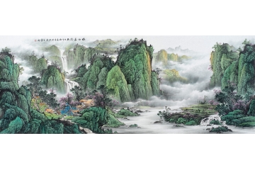 王宁六尺横幅青绿山水画新品《福水长流》