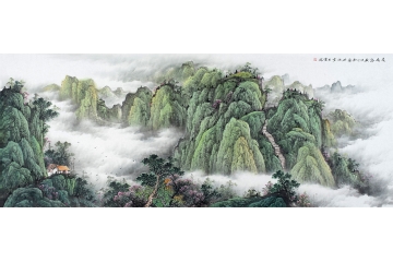 王宁六尺横幅青绿山水画新品《步步高》