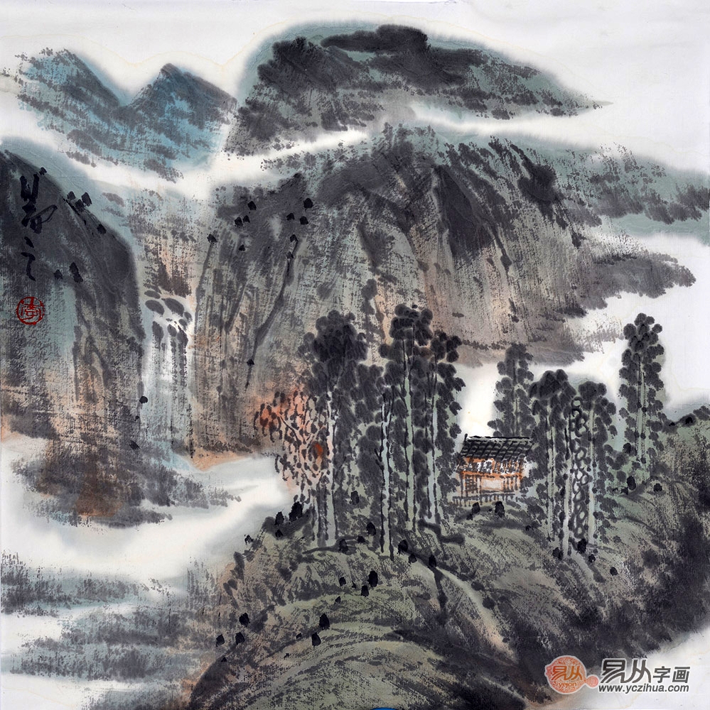 李新华斗方山水画作品《穷款》之二