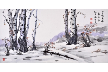 孙玉海四尺横幅雪景山水画作品《雪映白桦》
