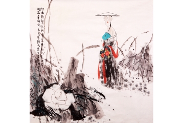 陈惠生四尺斗方人物画作品《彻夜雨声凉到梦》