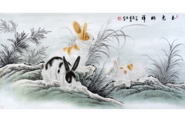 吉利祥瑞 王贵国四尺横幅动物画《玉兔纳祥》