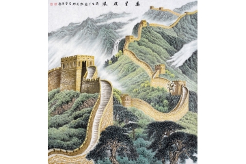 李林宏手绘国画长城山水画斗方作品《万里雄风》
