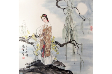 古代美女画 冉文纪斗方写意人物《月上柳梢头》